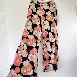 Roxy Black Floral Wide-Leg Pants Cotton Blend Beach Vacation Boho Pool Bloomcore